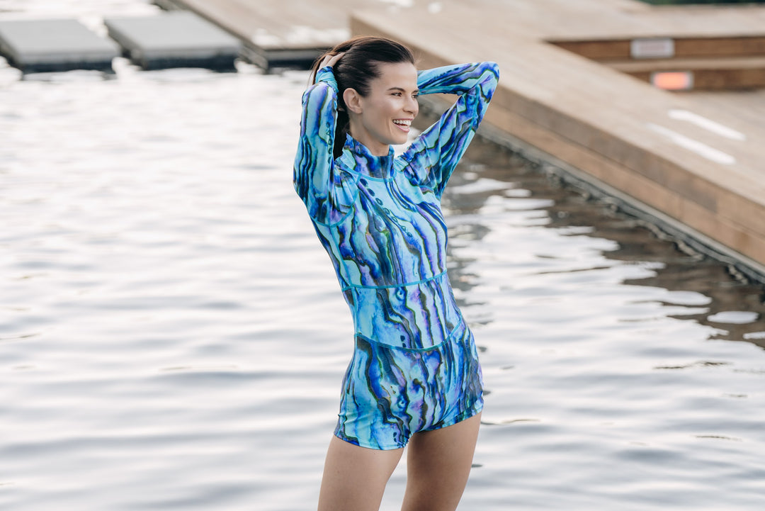 WOMEN'S UPF 50+ SUN PROTECTIVE LONG SLEEVE "SHORTY" SWIMSUIT - BLUE ABALONE