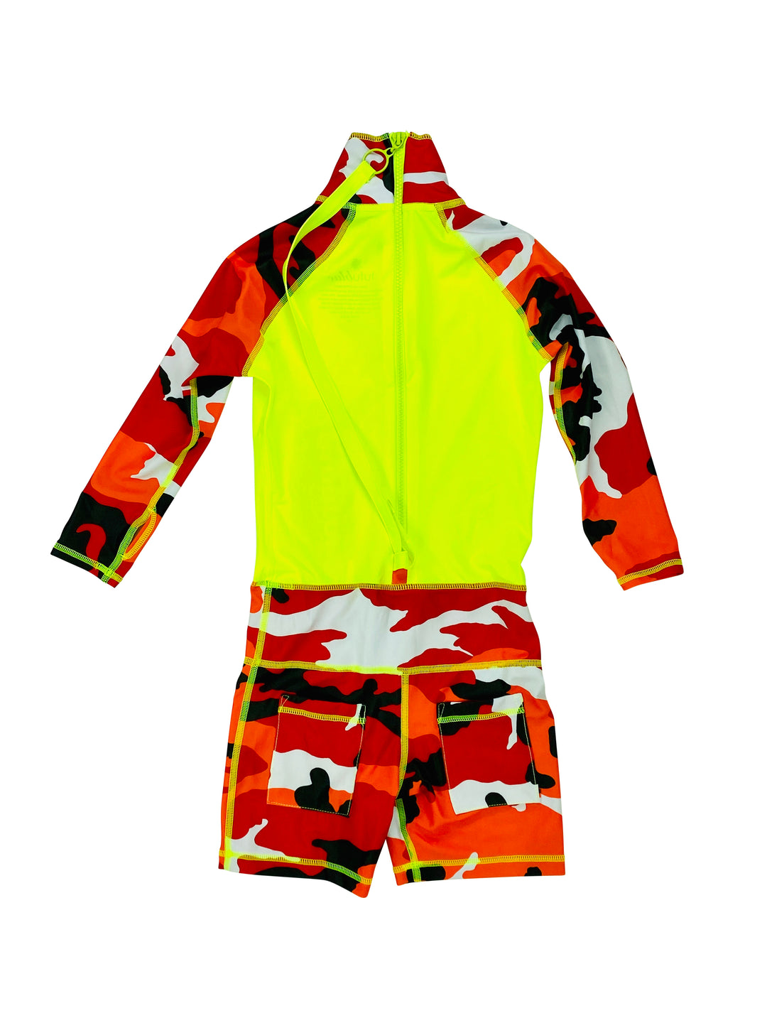 BOY'S SHORT SWIMSUIT - RED CAMO W- NEON YELLOW