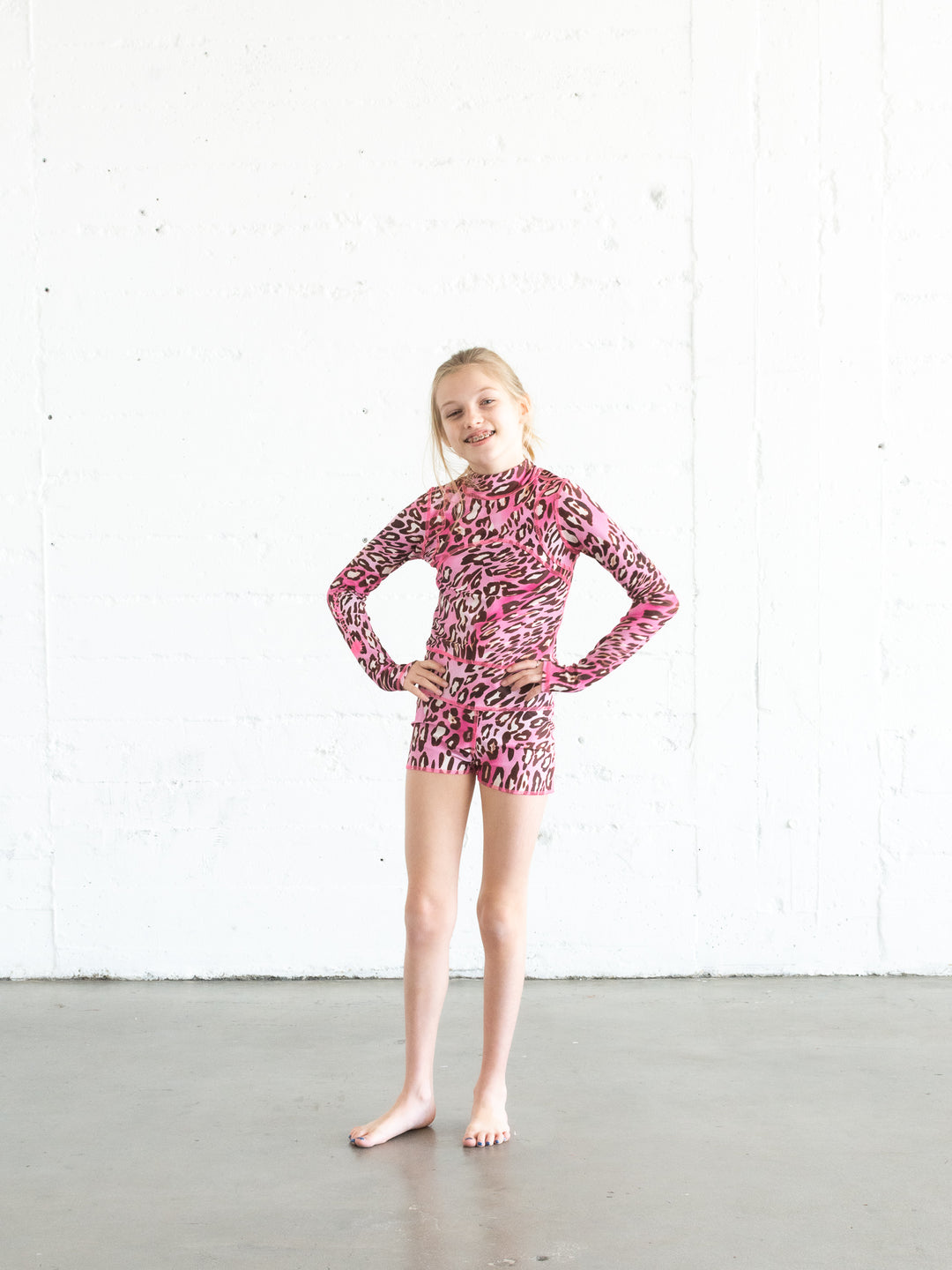 GIRL'S SHORT SWIMSUIT - PINK LEOPARD