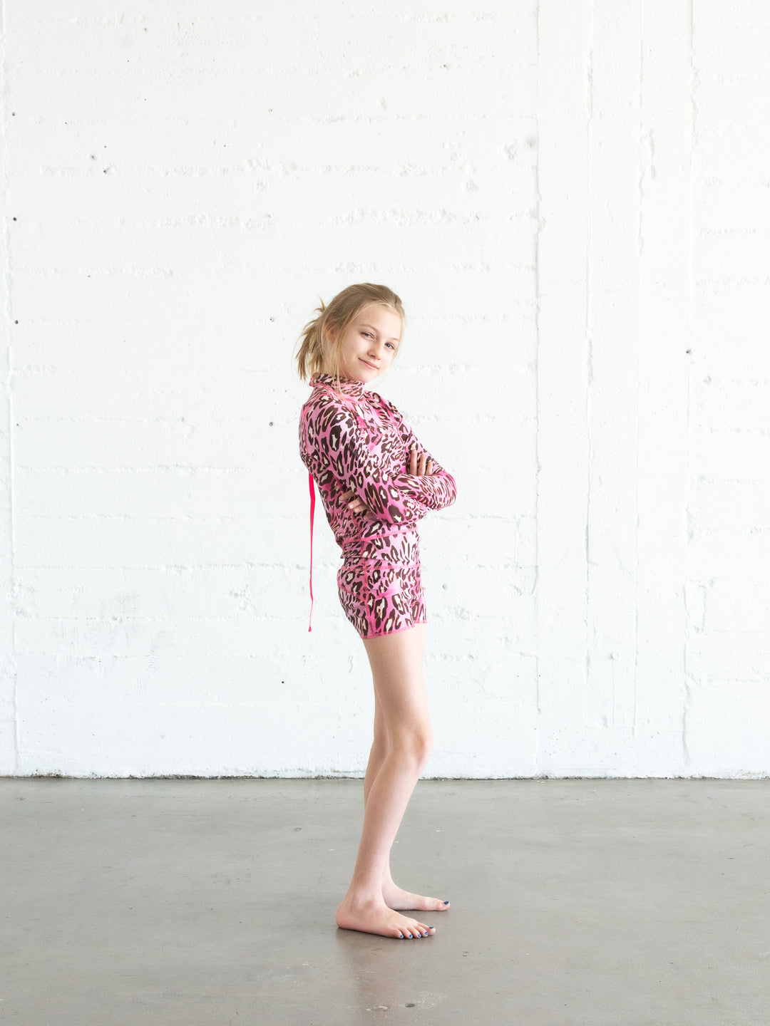 GIRL'S SHORT SWIMSUIT - PINK LEOPARD