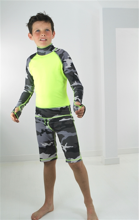 BOY'S SHORT SWIMSUIT - GREY CAMO W- YELLOW