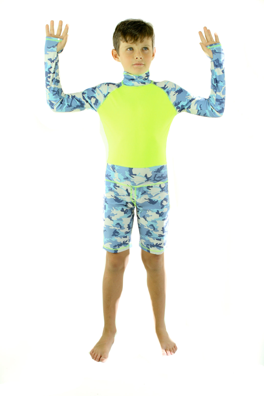 BOY'S SHORT SWIMSUIT - BLUE CAMO W- YELLOW